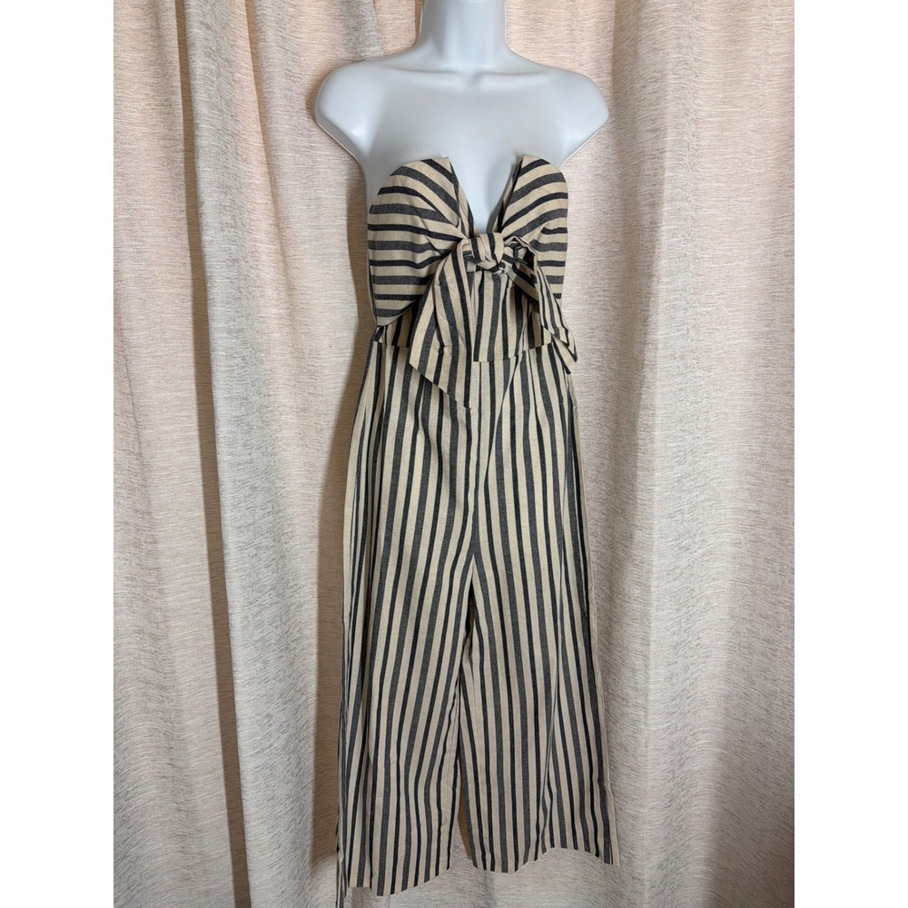 English Factory Striped Strapless Tie Front Jumpsuit Tan Black Small NWT